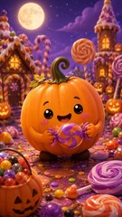 Fototapeta premium Smiling pumpkin holds candy in a Halloween village. Lollipops and candy houses glow beneath a full moon. Cute spooky artwork for seasonal greeting card design.