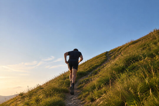 Lone runner striving up steep grass hillside from behind, outdoor fitness and persistence concept