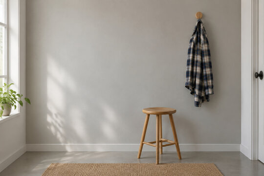 Gray backdrop, portrait stool, plaid shirt on peg, school picture day setup
