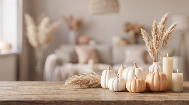 Cozy autumn interior scene featuring a collection of white and pastel pumpkins with dried pampas grass in ceramic vases and glowing pillar candles on a rustic wooden table surface.