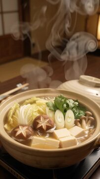 Japanese nabe hot pot simmering in a donabe clay pot with rising steam, vertical video