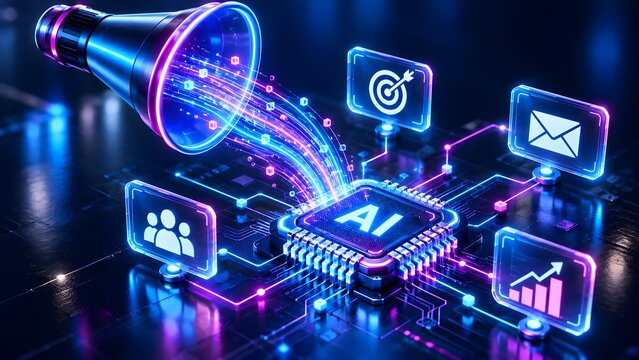 Digital marketing strategy broadcast concept with megaphone amplifying data cubes into artificial intelligence microchip and business performance icons
