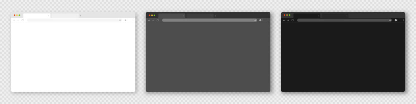 Set of three browser windows in white, gray, and black on a white background. Empty website layouts with a search bar, toolbar, and buttons. Vector EPS 10.