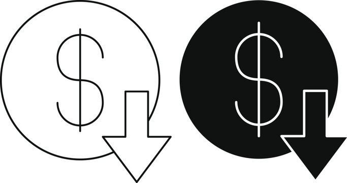 Dollar currency coin symbols with downward trend arrow outline and solid vector design money drop currency