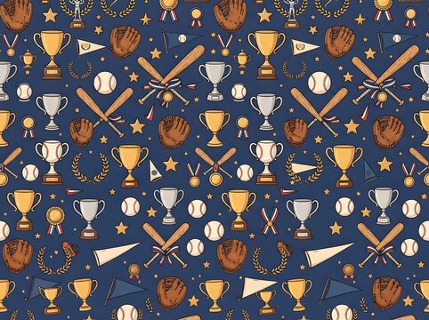 Seamless baseball pattern with trophy glove bat and ball graphics for sports textile printing design.