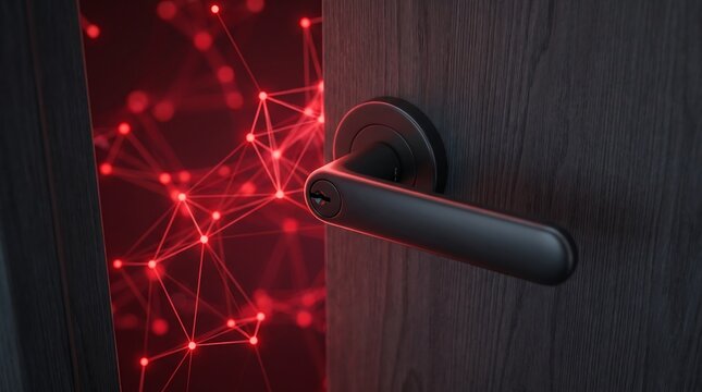 Modern Open Door with Smart Handle Revealing Glowing Red Digital Network, Cybersecurity Threat, Vulnerability, Data Breach and Unauthorized Access Concept