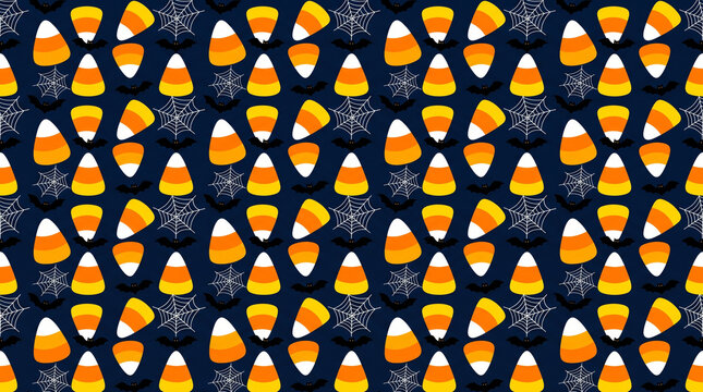 Halloween candy corn seamless pattern with spider web decoration dark background, creating playful seasonal textile design for autumn celebration