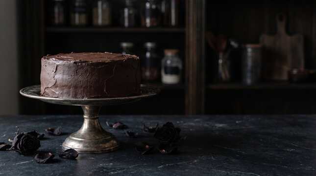 Dark chocolate cake on silver stand with dried flowers in moody rustic kitchen setting