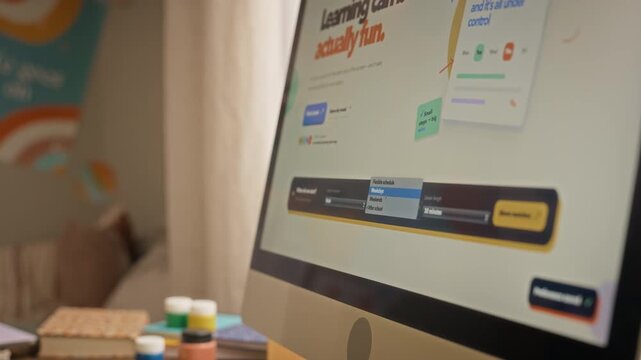 Close up of computer monitor displaying educational website interface while user selects tutoring schedule. Clip suits EdTech marketing, online tutoring ads, and digital learning campaigns
