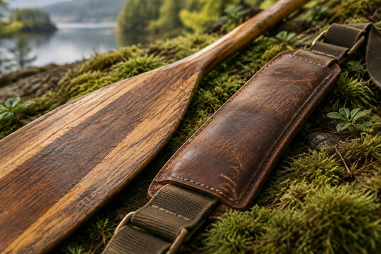 A close-up of a worn canoe paddle and leather shoulder pad on moss.