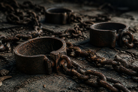 Rusty iron chains and shackles scattered on textured ground, weathered metal surfaces.