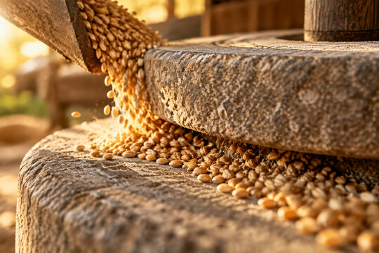 Golden wheat grains flowing through a millstone gap in warm sunlight.