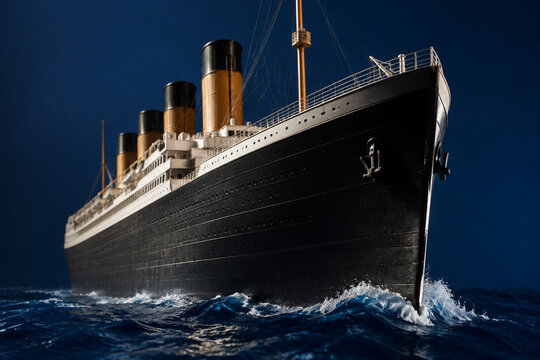 Black model of an ocean liner's bow cutting through dark blue water.