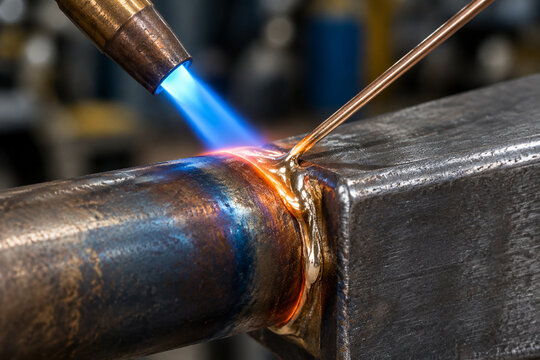 Close-up of a blue torch flame heating a metal joint with molten filler metal.