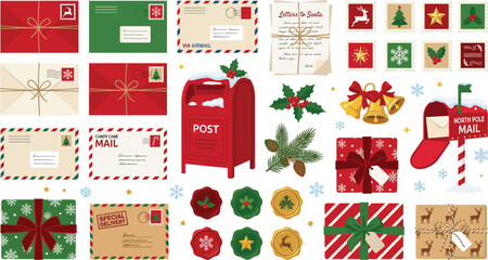 Christmas postal mail collection featuring festive envelopes, stamps, mailbox, gift packages, holiday letters, seals, wreaths and decorations © Jannatun