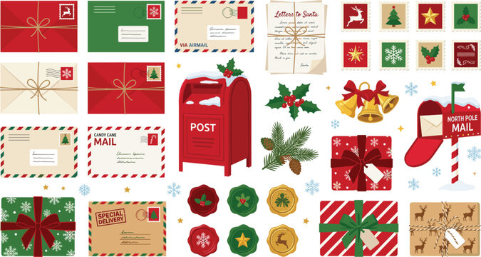 Christmas postal mail collection featuring festive envelopes, stamps, mailbox, gift packages, holiday letters, seals, wreaths and decorations