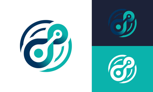 Abstract circular technology logo design with gradient blue and teal colors.