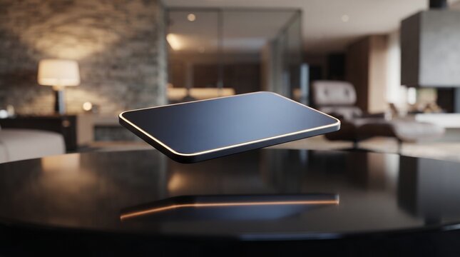 Minimalist glowing smart pad floating in a modern living room interior