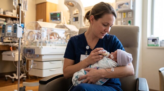 Neonatal Nurse Bottle Feeding Stable Premature Newborn Baby in NICU