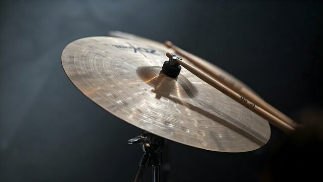 Cymbal and drumsticks on stand with dark background, musical instrument accessories