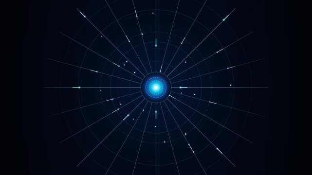 High-tech 4K seamless loop of a cloud server radar hub with concentric pulsing rings, radial fiber data pipelines, and glowing digital telemetry markers.