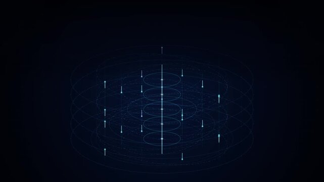 Cinematic 4K seamless motion loop of an isometric cloud server stack with concentric pulsing radar waveguides and vertical data streams.