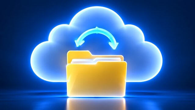 Bright folder icon with sync arrows in front of glowing cloud symbol representing cloud data backup and remote file synchronization