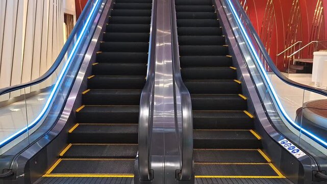 modern dual escalators going up inside a contemporary shopping mall with glowing blue lights and metallic handrails