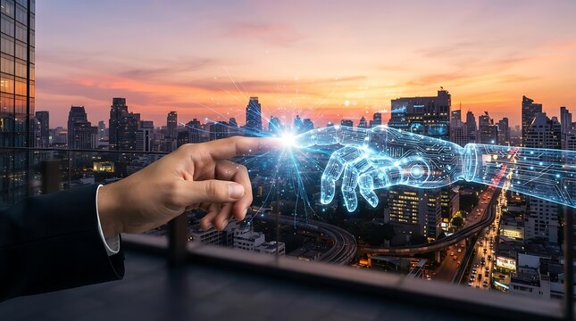 A human hand reaching out to touch a glowing digital robotic hand, symbolizing artificial intelligence and human connection over a city at sunset