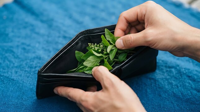 A person holding an open black leather wallet filled with fresh green basil leaves instead of money, symbolizing a healthy lifestyle and nutrition