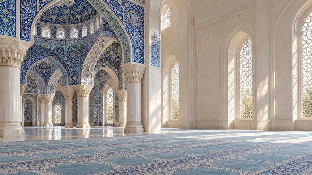 Blue tiled mosque arches and marble columns in a sunlit prayer hall