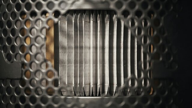 Close-up view of a heating element with metal fins inside electronic device