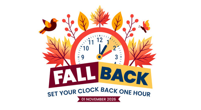 Fall back banner or background design. daylight saving time ends design. set your clock back one hour November 1 2026. calendar clock autumn leaves bird branch decoration design template.