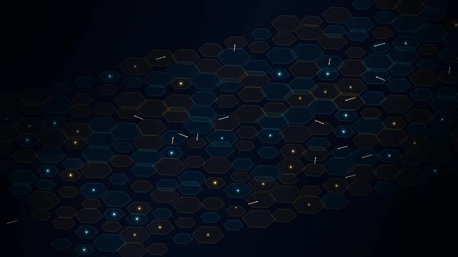 4K seamless motion loop of an isometric hexagonal freight matrix with slowly morphing polygon cells and dynamic dual-tone logistics vectors.
