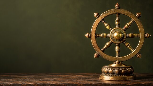 Patinated bronze Dharma wheel on a lotus pedestal against an olive backdrop