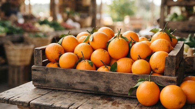 A wooden crate filled with fresh, ripe oranges with green leaves, sitting on a rustic wooden table at a market with blurred background stalls