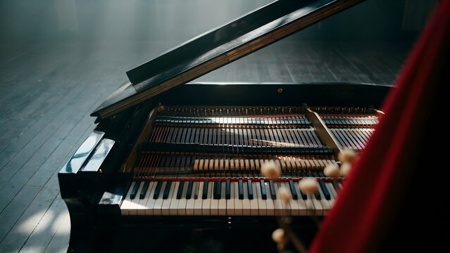 Close-up of open grand piano keyboard with sunlight on wooden floor