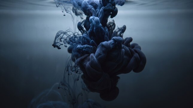 Dark blue ink swirling and dispersing in water, abstract smoke-like underwater texture
