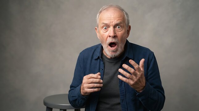 An elderly man with a grey beard and blue shirt looking surprised with his mouth wide open and hands raised against a neutral grey background