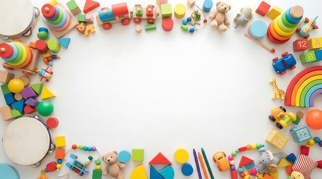 Assorted wooden toys and educational building blocks arranged in a rectangular border on a white background, with empty space, for custom text area