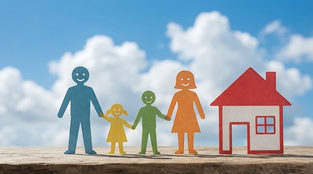 Colorful paper cutouts of a family and a house standing on a wooden surface against a bright blue sky with fluffy white clouds in the background