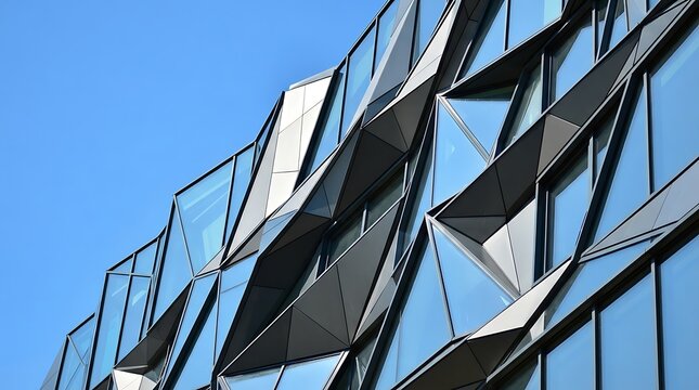 Low angle view of a building facade with geometric glass windows and dark metal triangular panels reflecting the clear blue sky in daylight