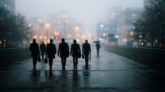 Silhouettes of business people walking on a city bridge during a foggy morning with blurred urban buildings in the background, and wet pavement