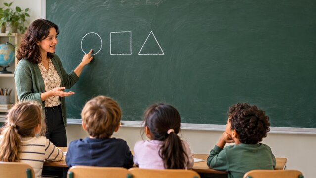 Teacher explaining chalk shapes on a green board to primary schoolchildren