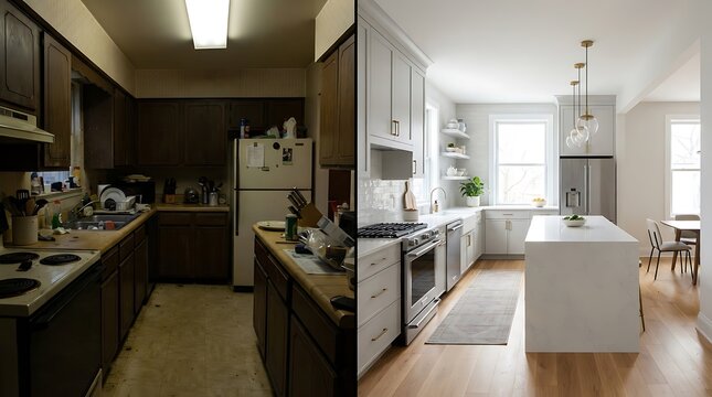 Split screen comparison showing a dark, outdated kitchen before renovation and a bright, renovated kitchen with white cabinets and a large island