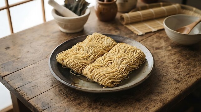Two rectangular blocks of raw yellow wheat noodles placed on a dark ceramic plate on a rustic wooden table with kitchen bowls and bamboo matting