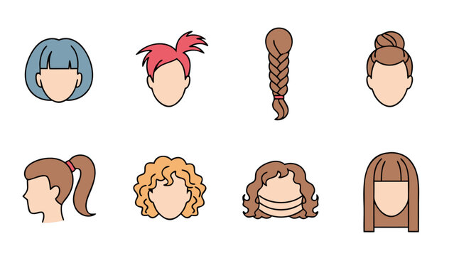 Collection of diverse cartoon hairstyles and haircuts for female characters
