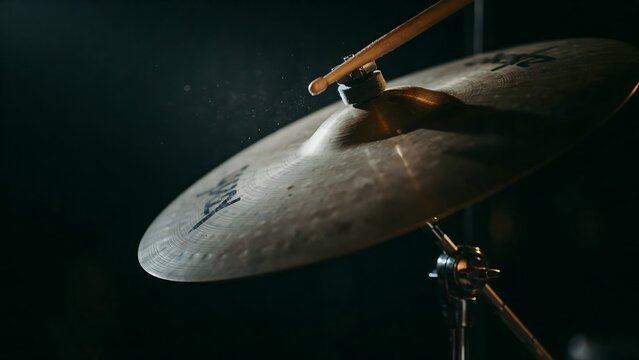 Close-up of a bronze cymbal with wooden drumstick hitting it in a dark setting