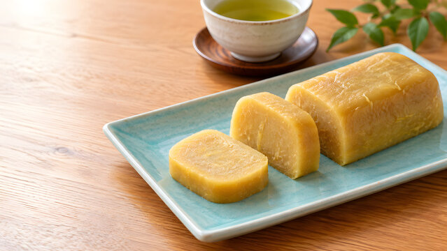 厚く切ったさつまいものかんころ餅を盛った青磁色の皿