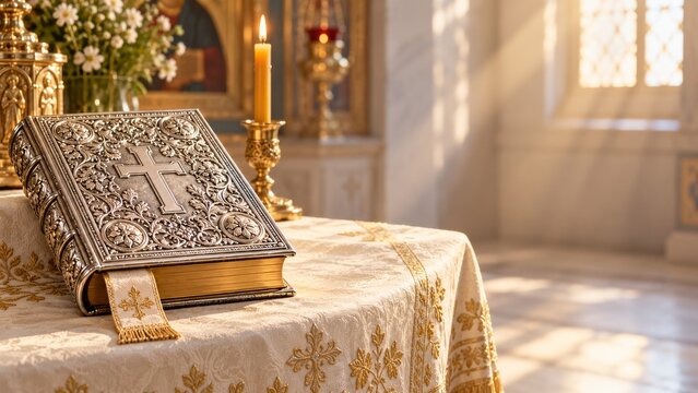 Silver Gospel Book with an Ornate Cross on Embroidered Altar Linen